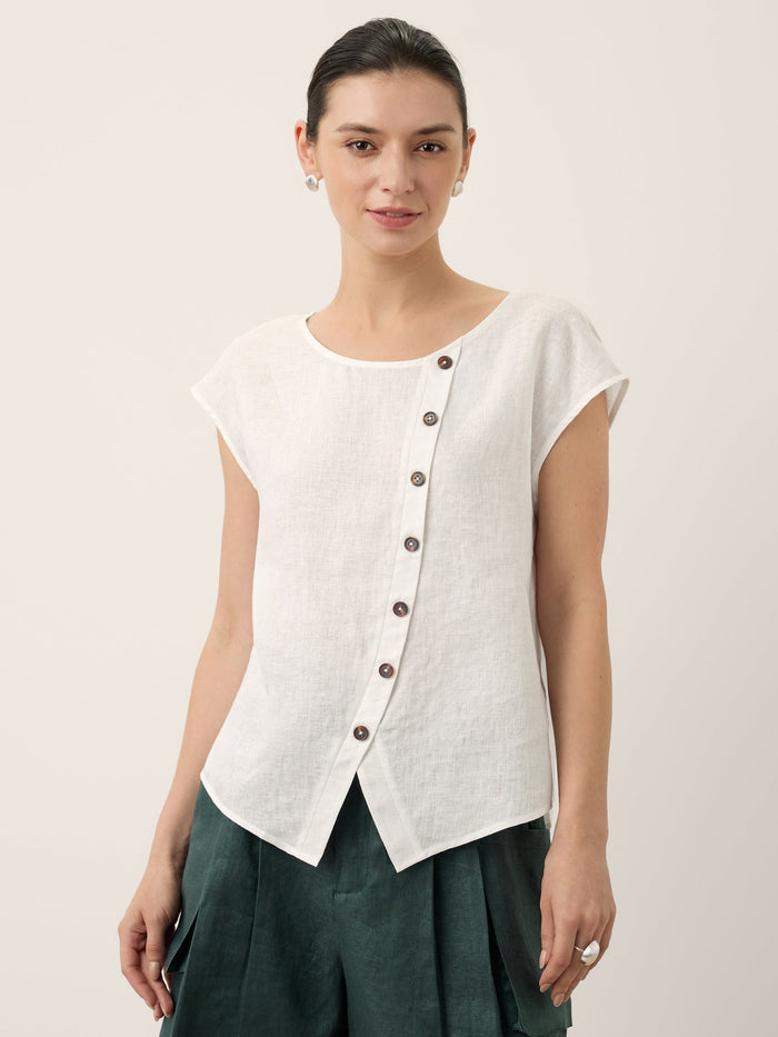 100% Linen Round Neck Cap Sleeve Blouse