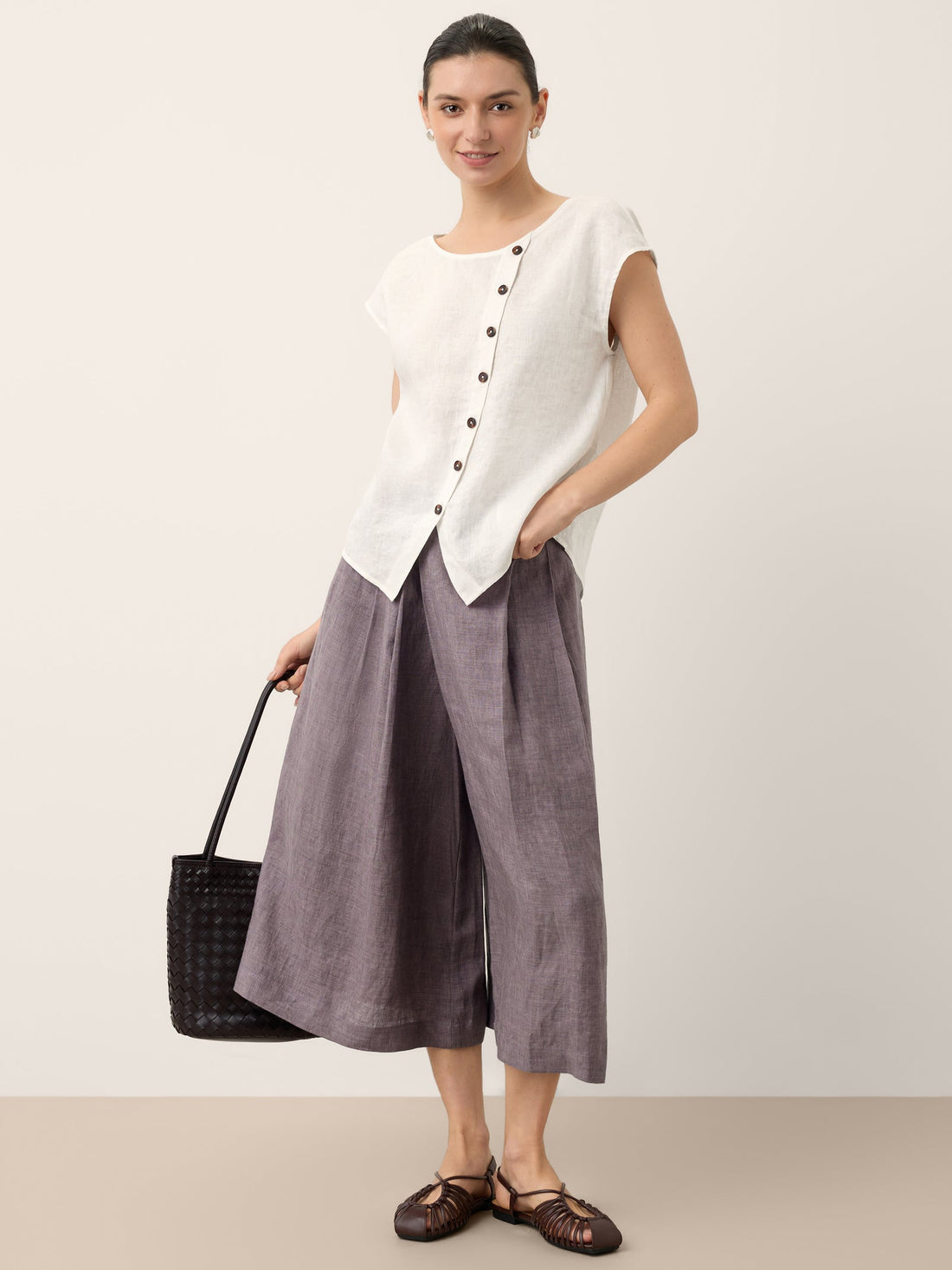 100% Linen Round Neck Cap Sleeve Blouse