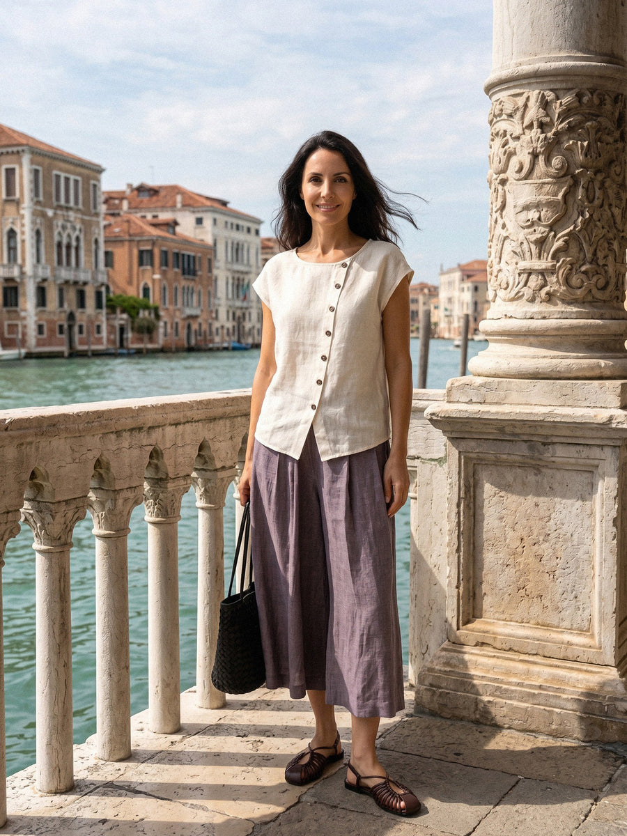 100% Linen Round Neck Cap Sleeve Blouse