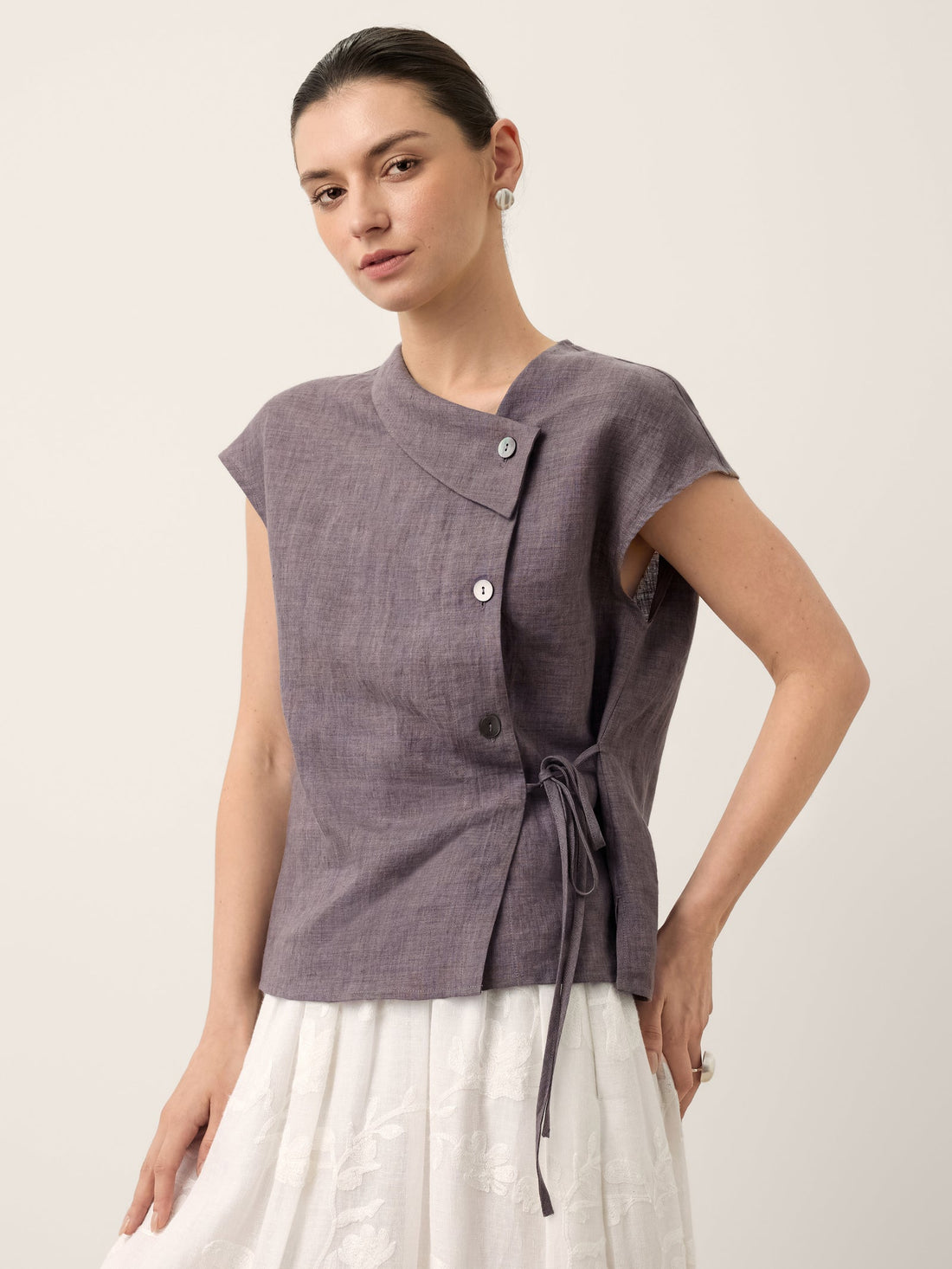 100% Linen Asymmetric Cap Sleeve Blouse