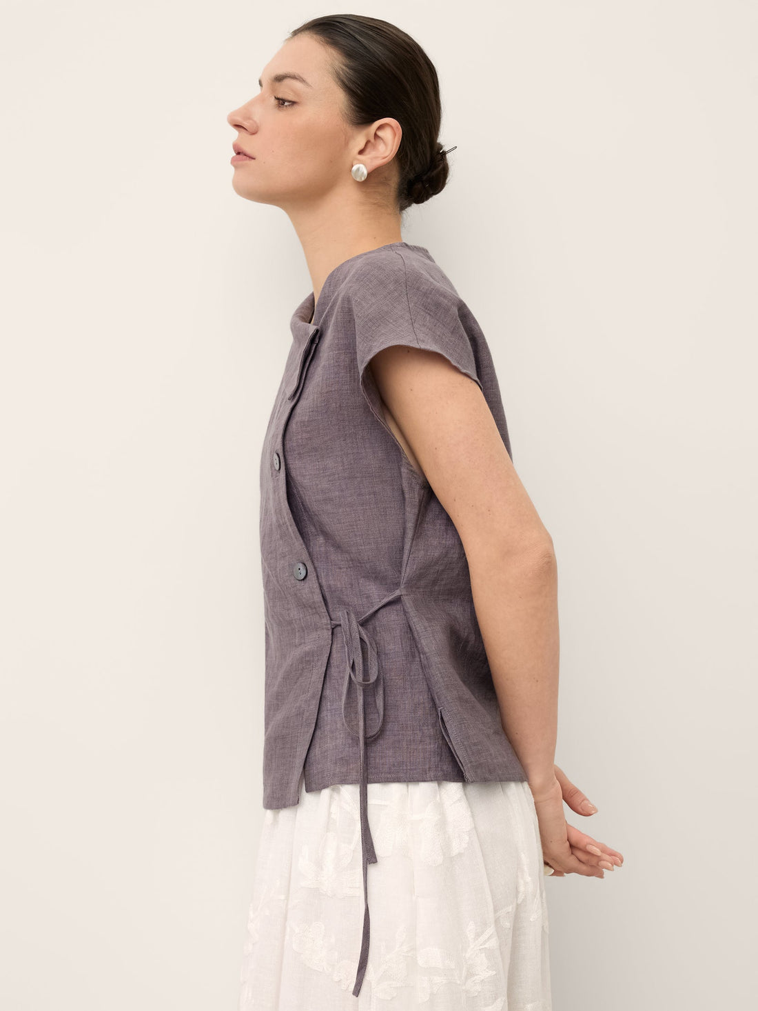100% Linen Asymmetric Cap Sleeve Blouse