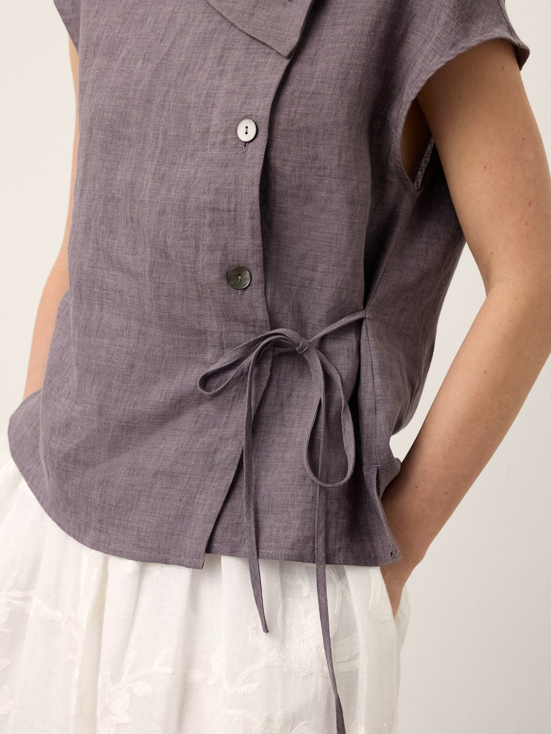 100% Linen Asymmetric Cap Sleeve Blouse