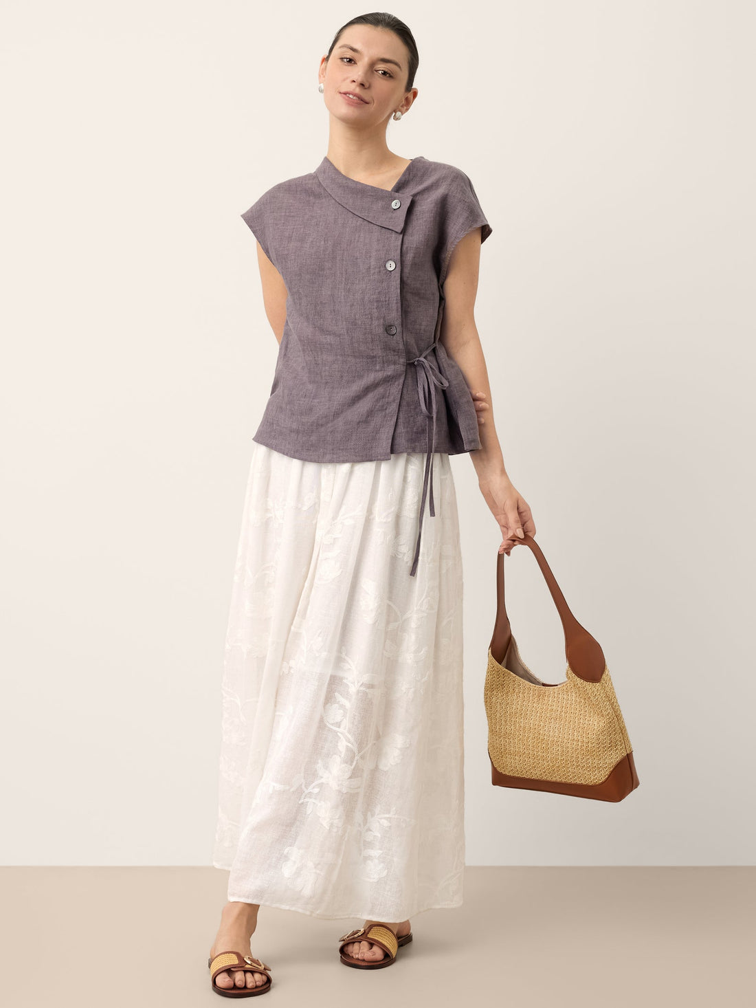 100% Linen Asymmetric Cap Sleeve Blouse
