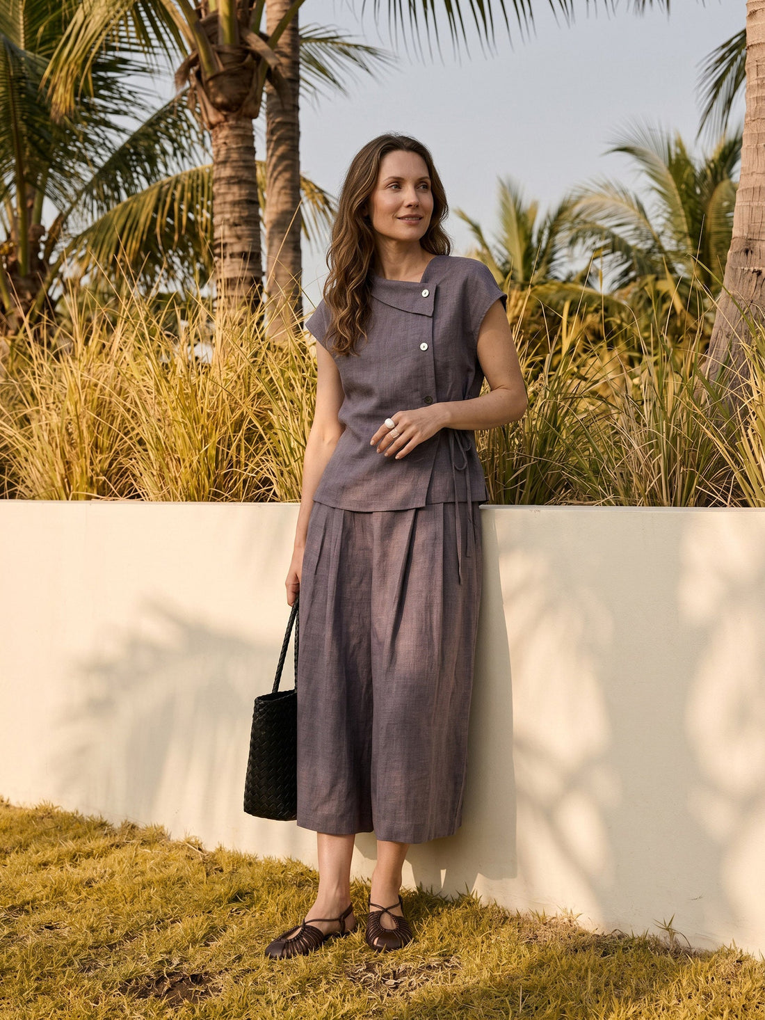 100% Linen Asymmetric Cap Sleeve Blouse