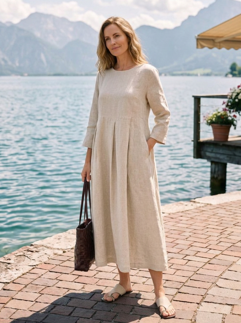 100% Linen Ruched Three-Quarter Sleeve Midi Dress