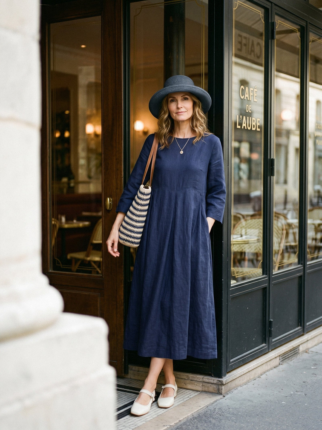 100% Linen Three-Quarter Sleeve Midi Dress