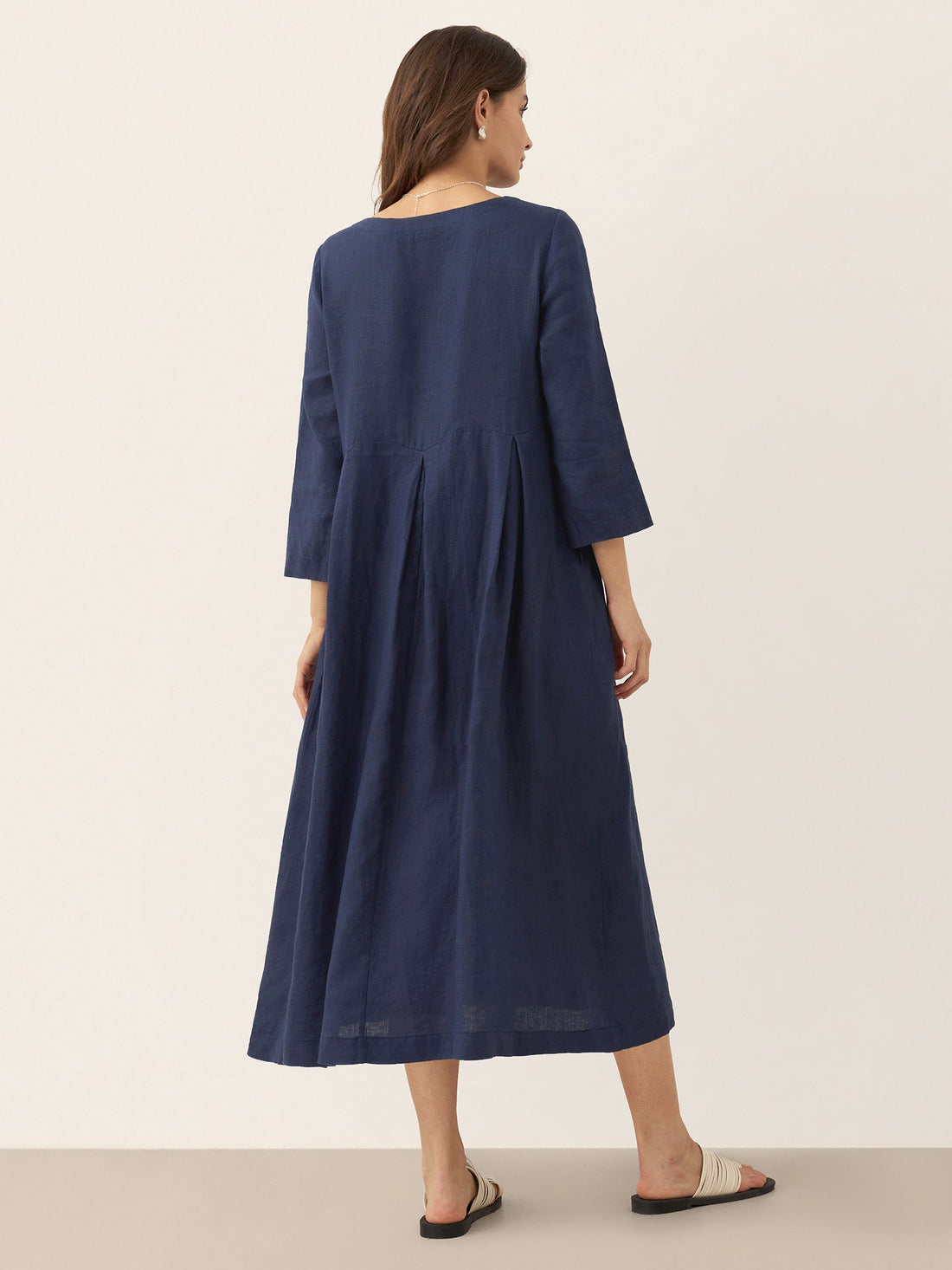 100% Linen Three-Quarter Sleeve Midi Dress