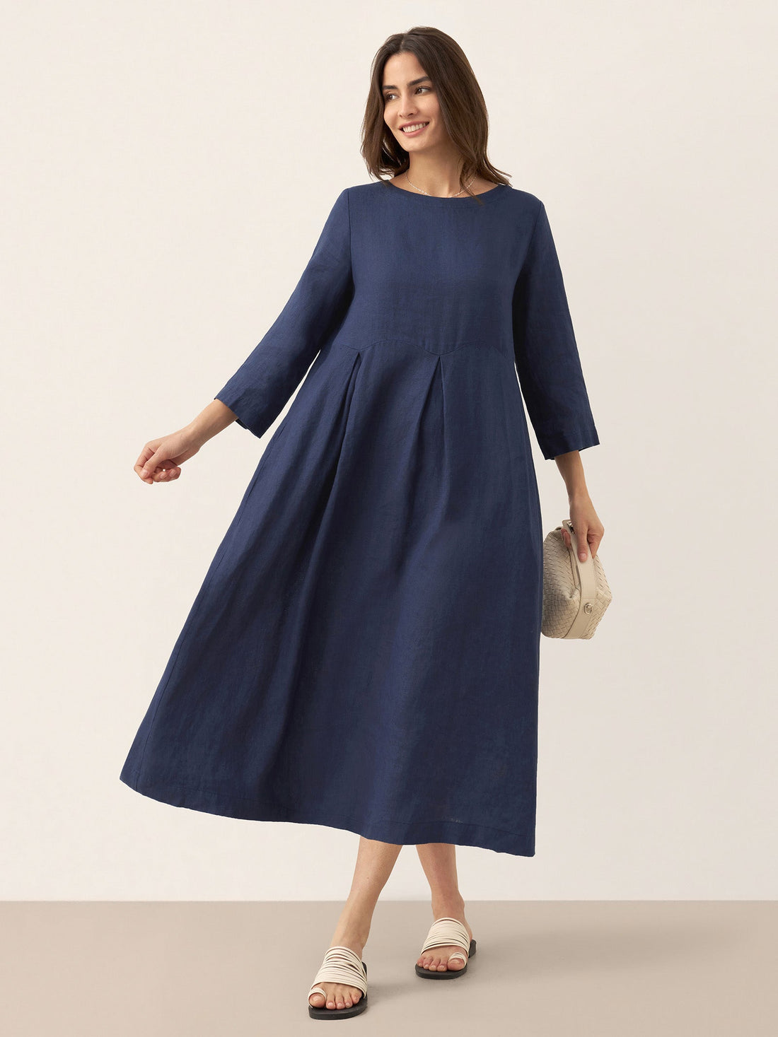 100% Linen Three-Quarter Sleeve Midi Dress