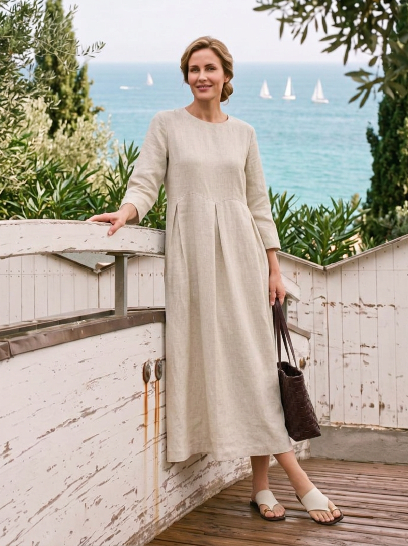 100% Linen Ruched Three-Quarter Sleeve Midi Dress