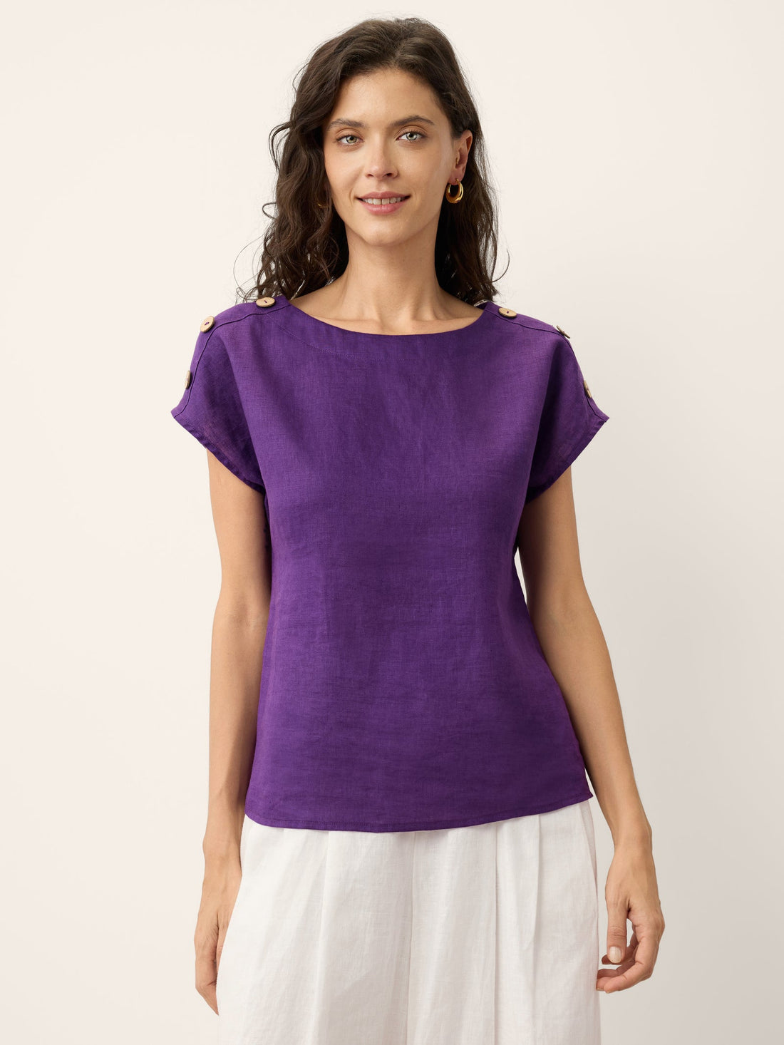 100% Linen Button Detail Round Neck Blouse