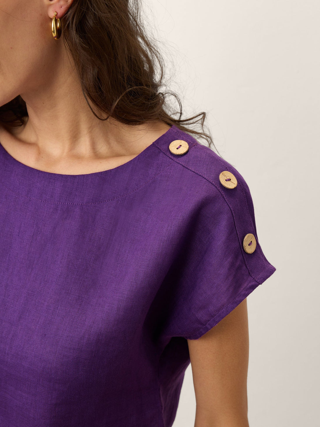100% Linen Button Detail Round Neck Blouse