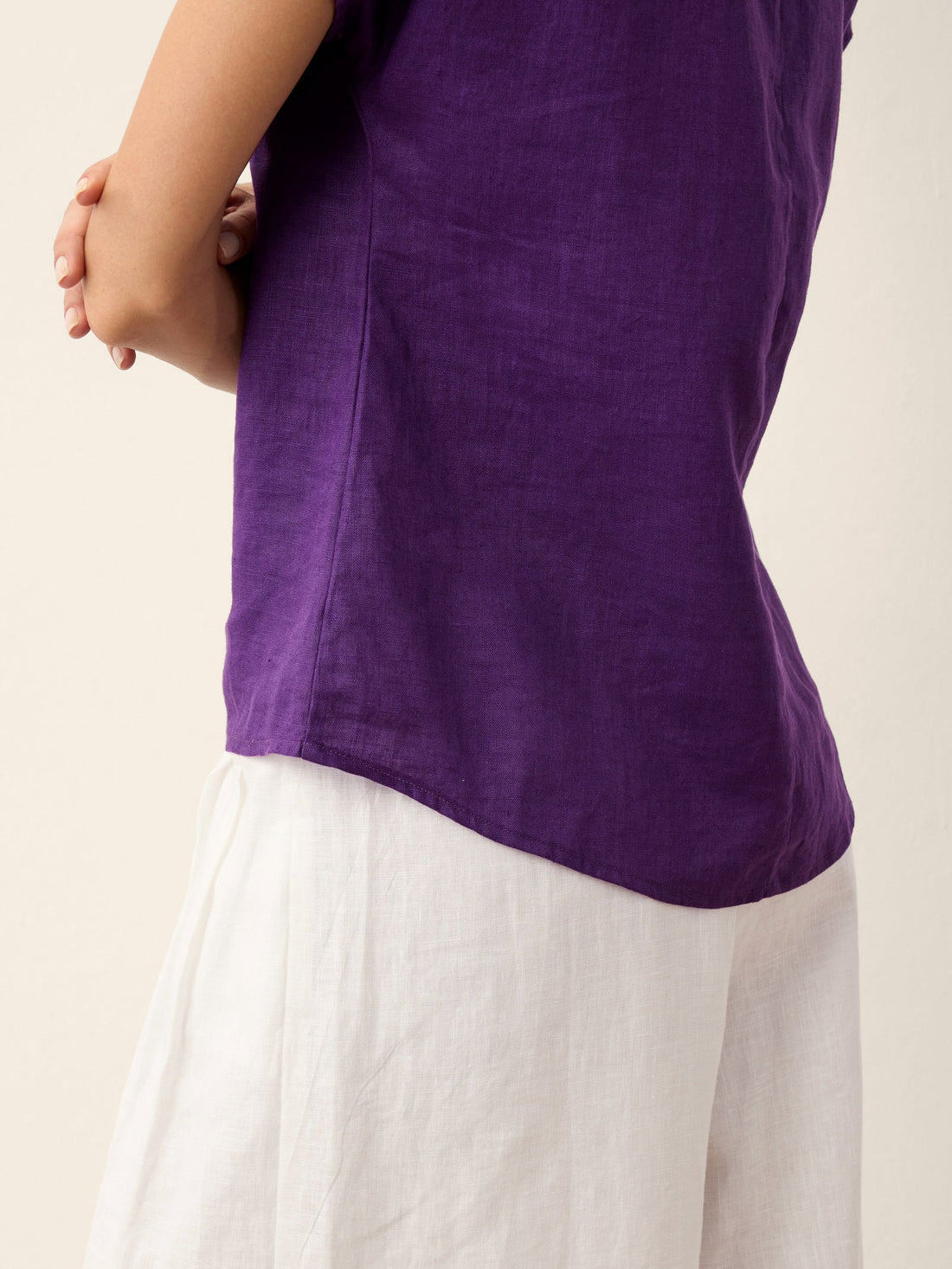 100% Linen Button Detail Round Neck Blouse