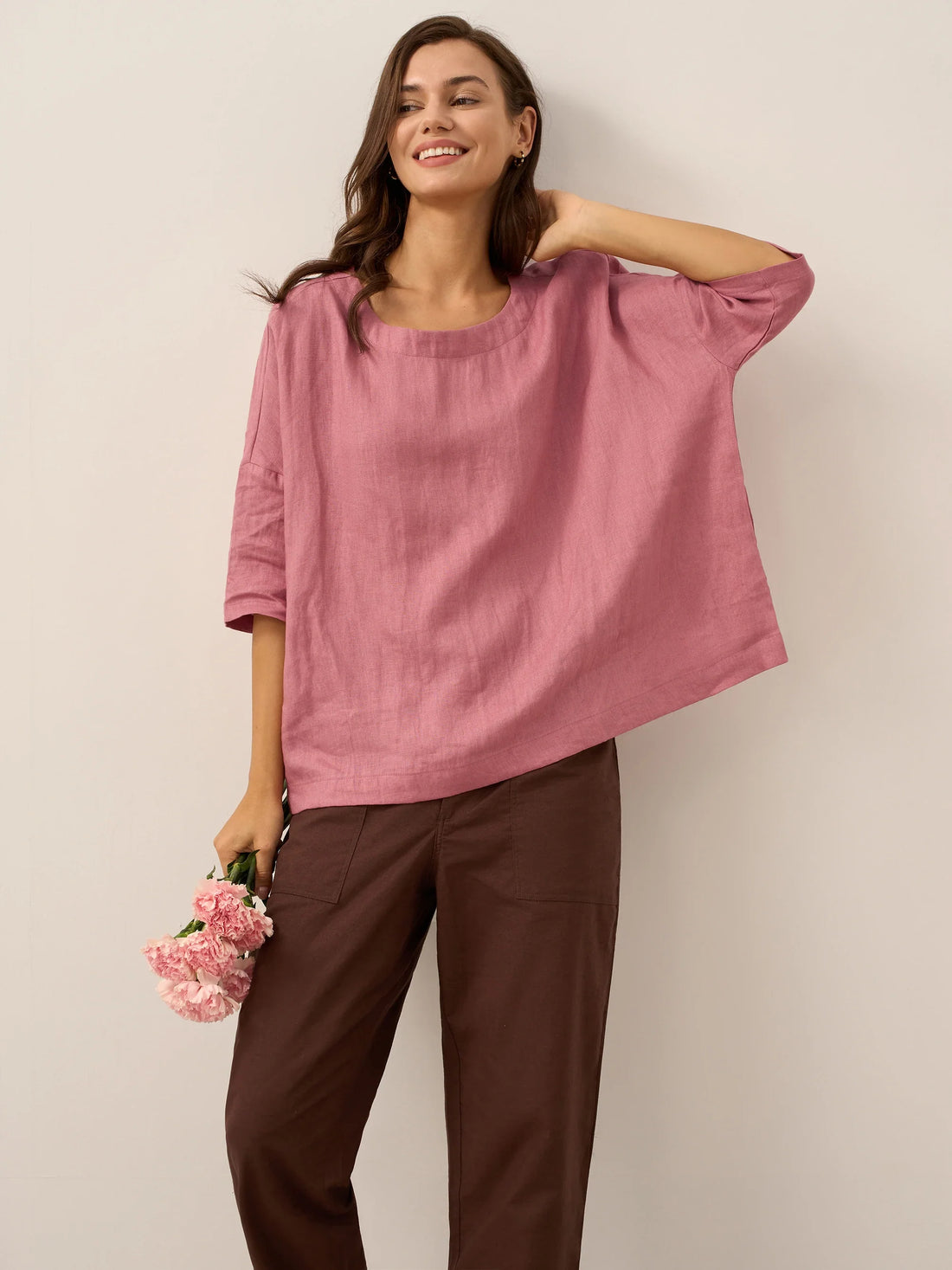 100% Linen Round Neck Oversized Blouse