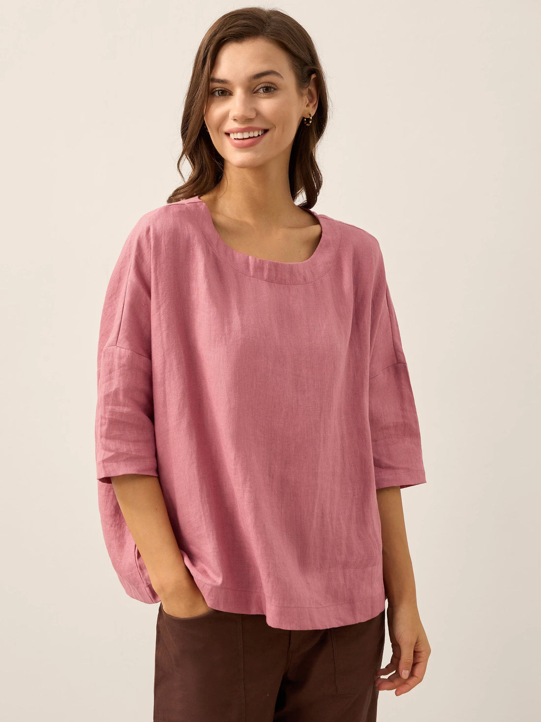 100% Linen Round Neck Oversized Blouse