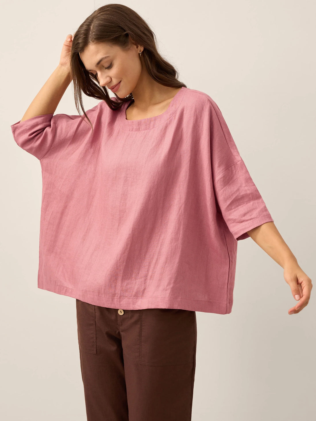 100% Linen Round Neck Oversized Blouse
