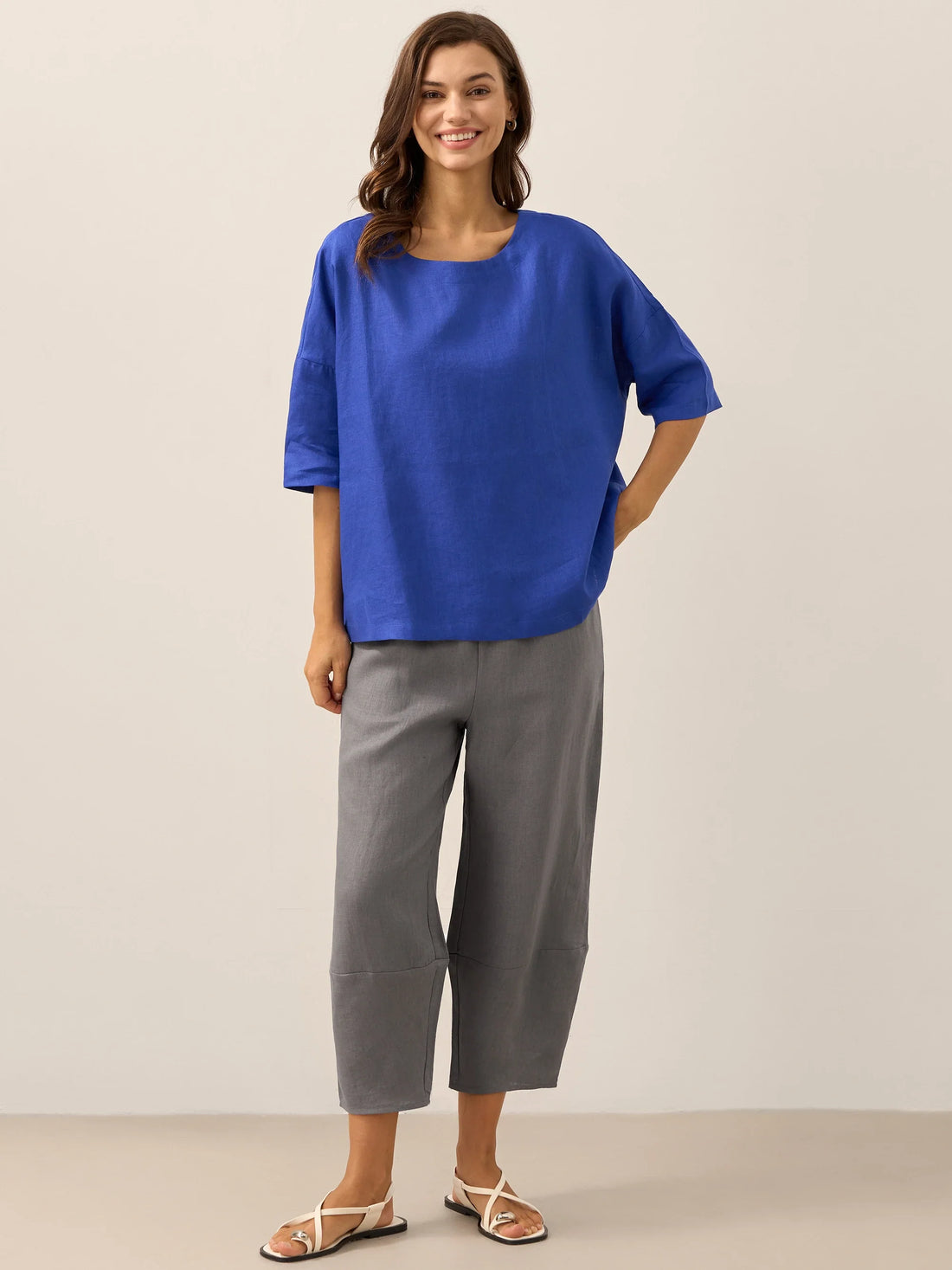 100% Linen Round Neck Oversized Blouse