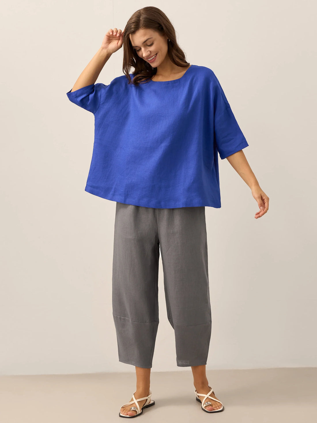 100% Linen Round Neck Oversized Blouse