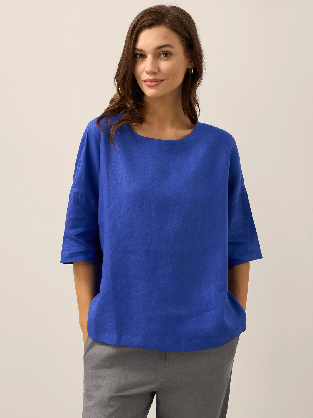 100% Linen Round Neck Oversized Blouse