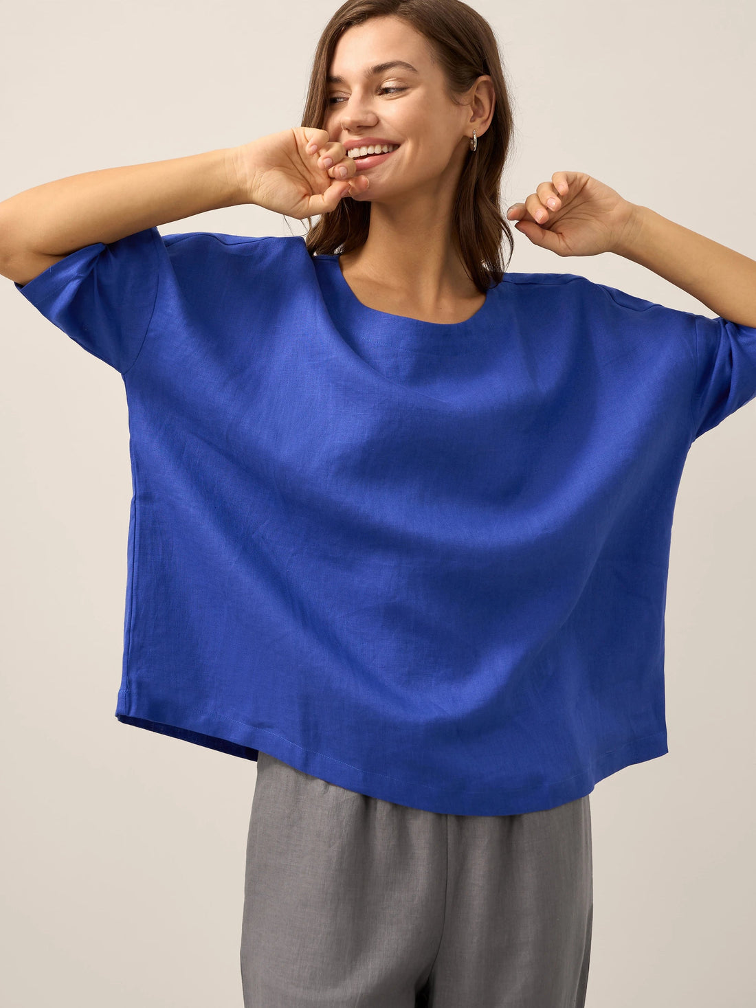100% Linen Round Neck Oversized Blouse