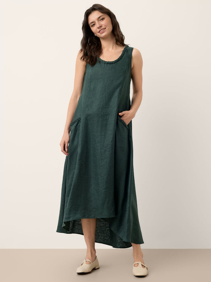 100% Linen Braided-Neck Handkerchief-Hem Midi Dress