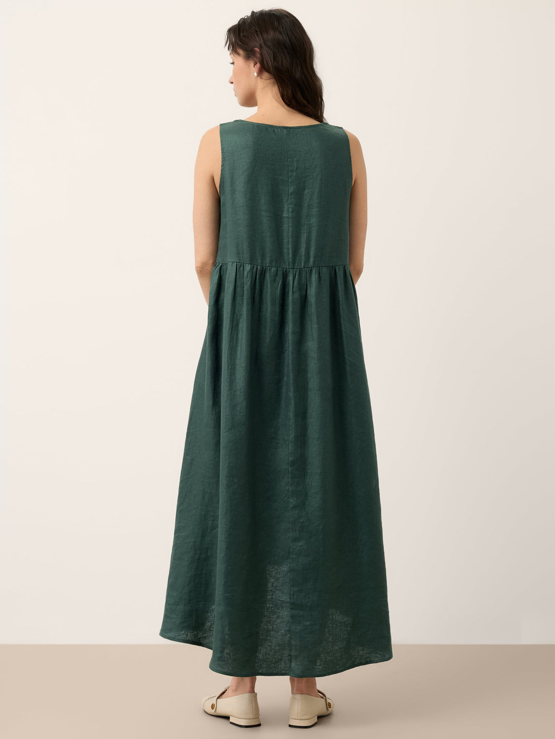 100% Linen Braided-Neck Handkerchief-Hem Midi Dress