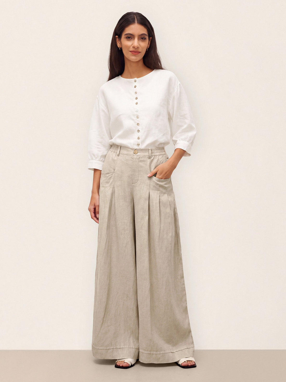 100% Linen Button-Front Drop-Shoulder Shirt