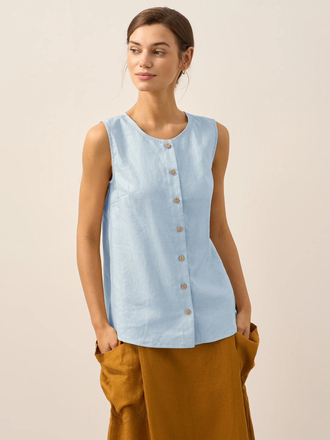100% Linen A-Line Round Neck Tank Top