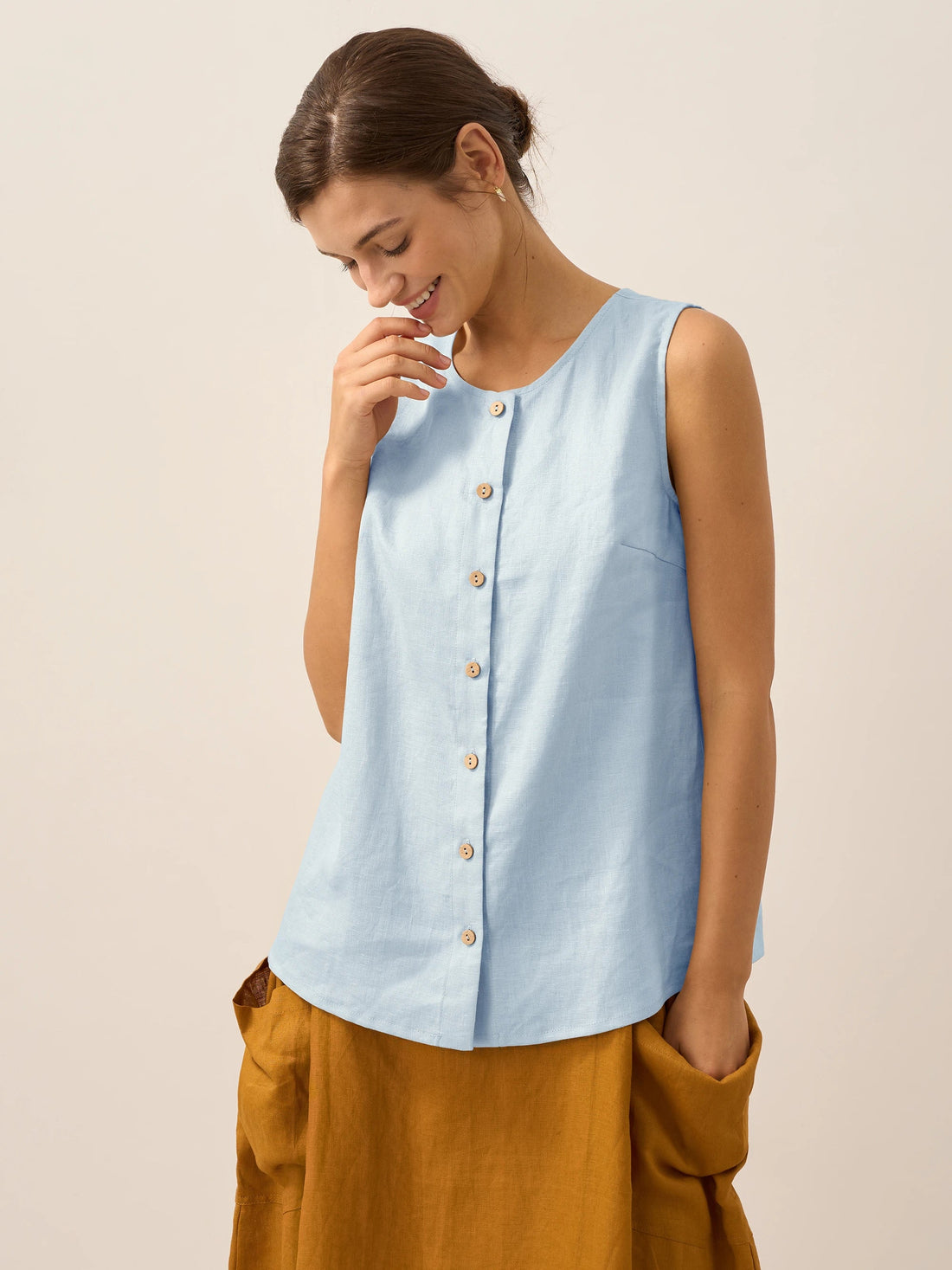 100% Linen A-Line Round Neck Tank Top