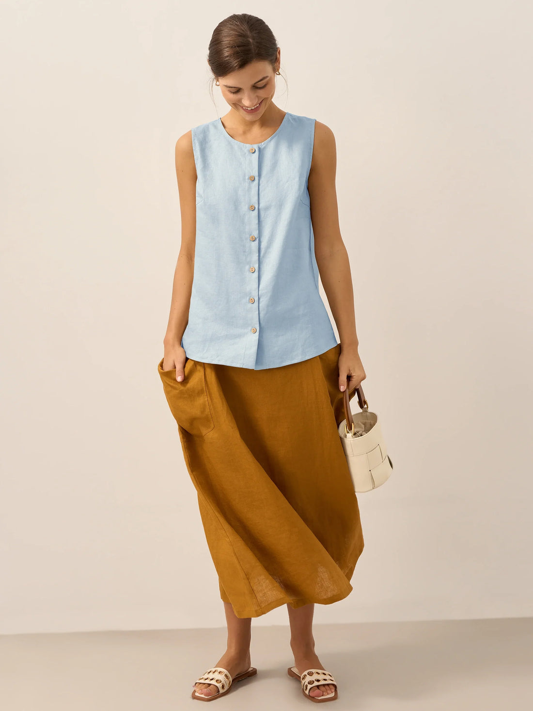 100% Linen A-Line Round Neck Tank Top