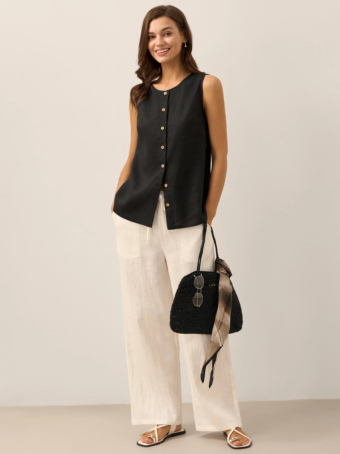 100% Linen A-Line Round Neck Tank Top