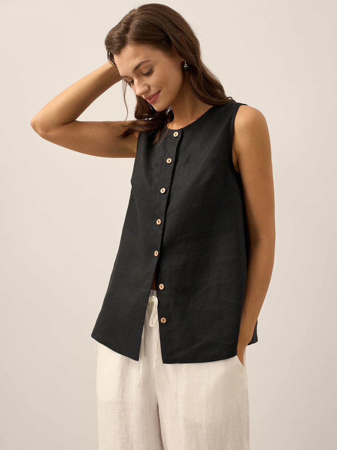 100% Linen A-Line Round Neck Tank Top