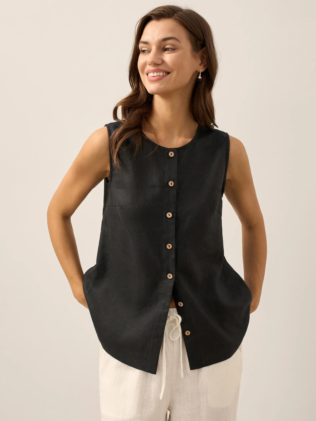 100% Linen A-Line Round Neck Tank Top