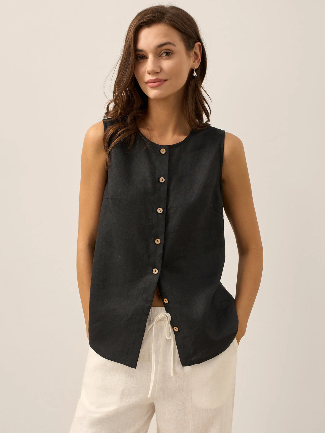 100% Linen A-Line Round Neck Tank Top