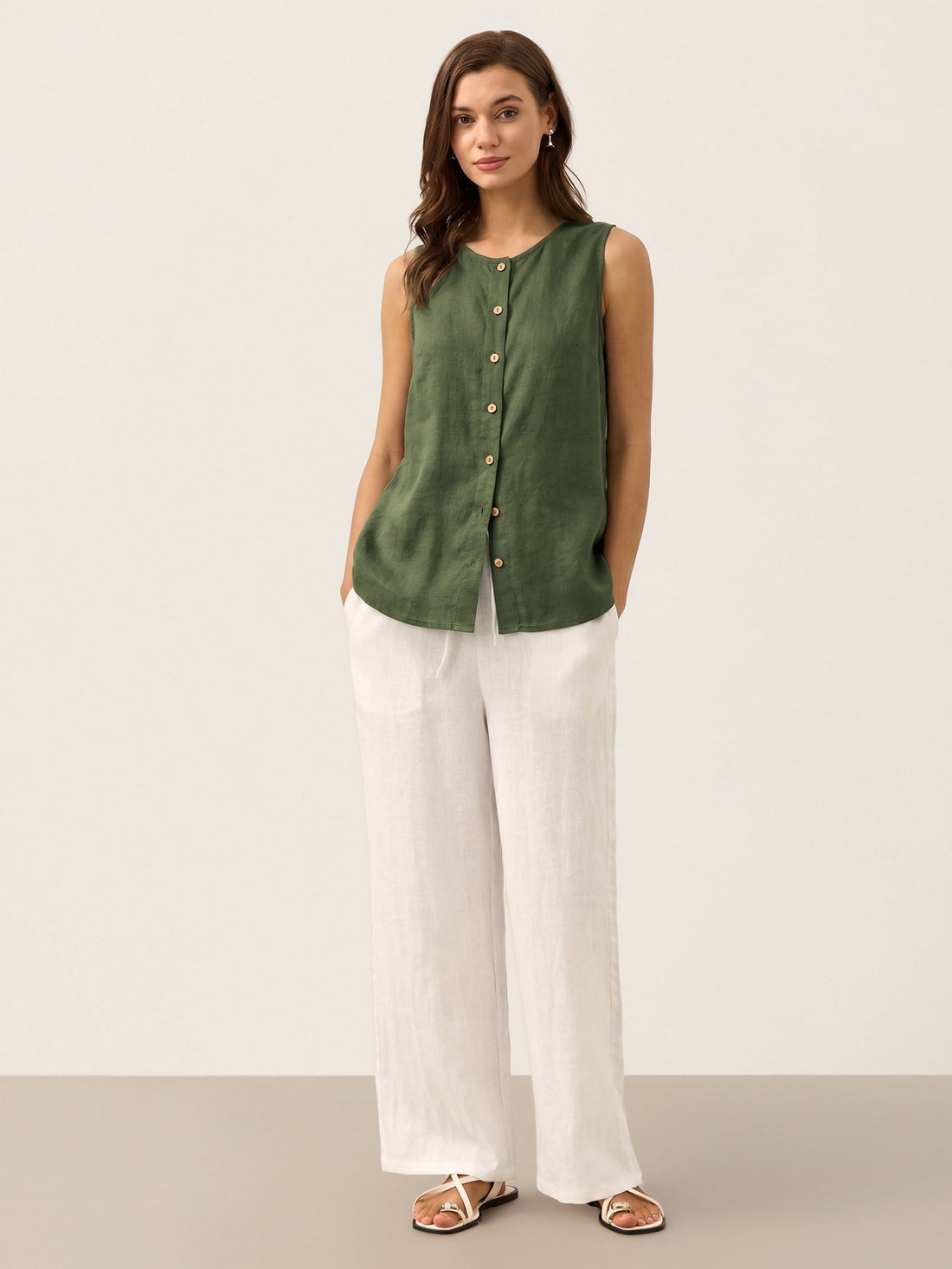 100% Linen A-Line Round Neck Tank Top