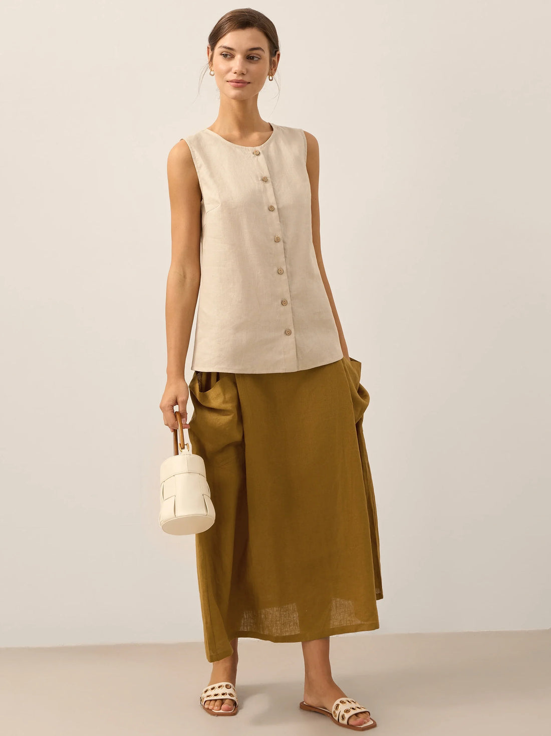 100% Linen A-Line Round Neck Tank Top