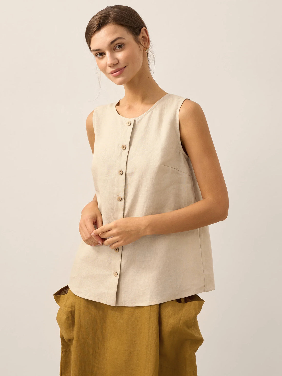 100% Linen A-Line Round Neck Tank Top