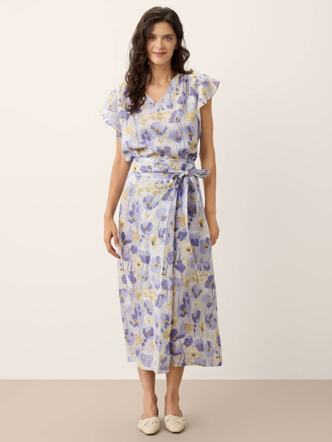 100% Linen Carnation Print Wrap-Tie Midi Skirt