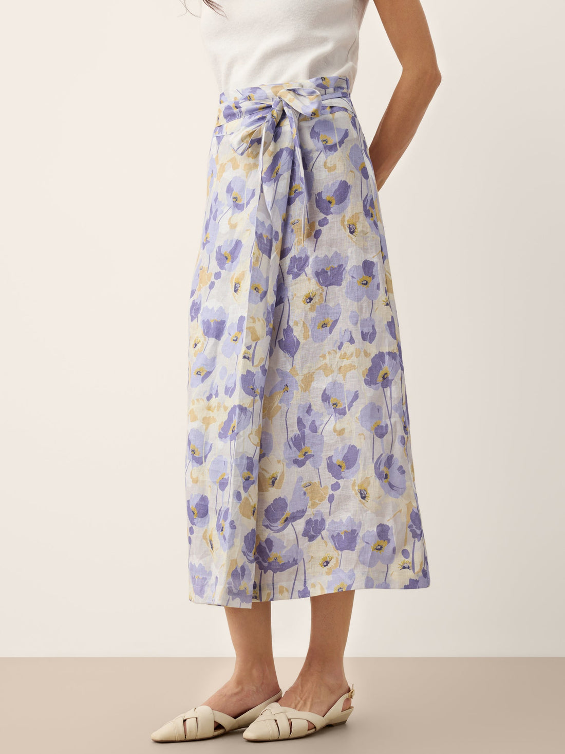 100% Linen Carnation Print Wrap-Tie Midi Skirt