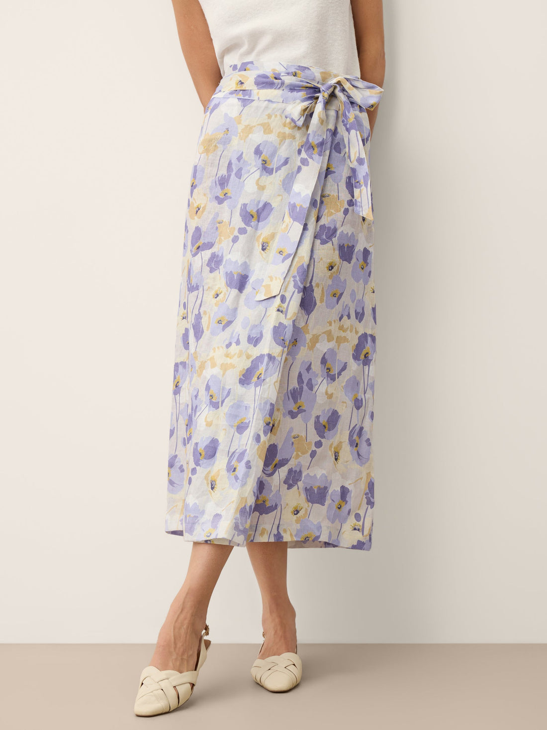 100% Linen Carnation Print Wrap-Tie Midi Skirt