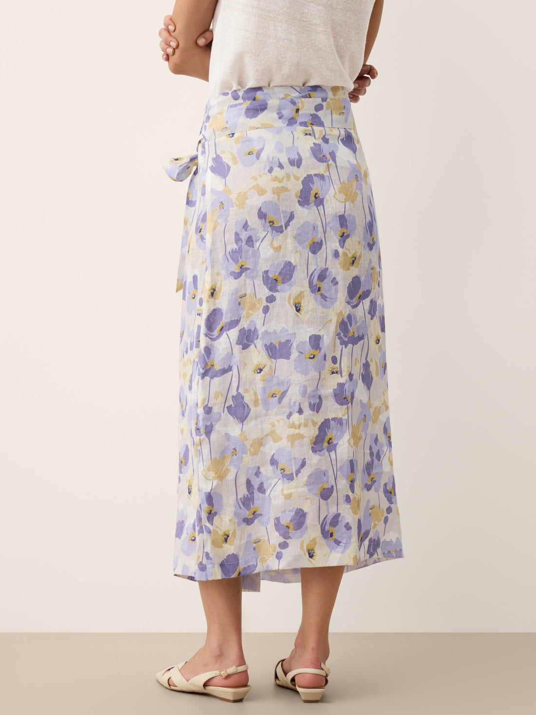 100% Linen Carnation Print Wrap-Tie Midi Skirt