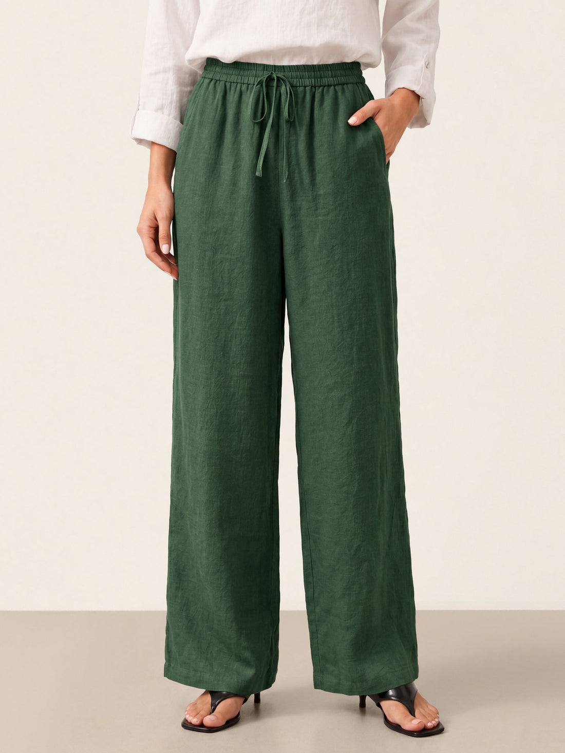 100% Linen Full-Elastic Waist Straight-Leg Pants