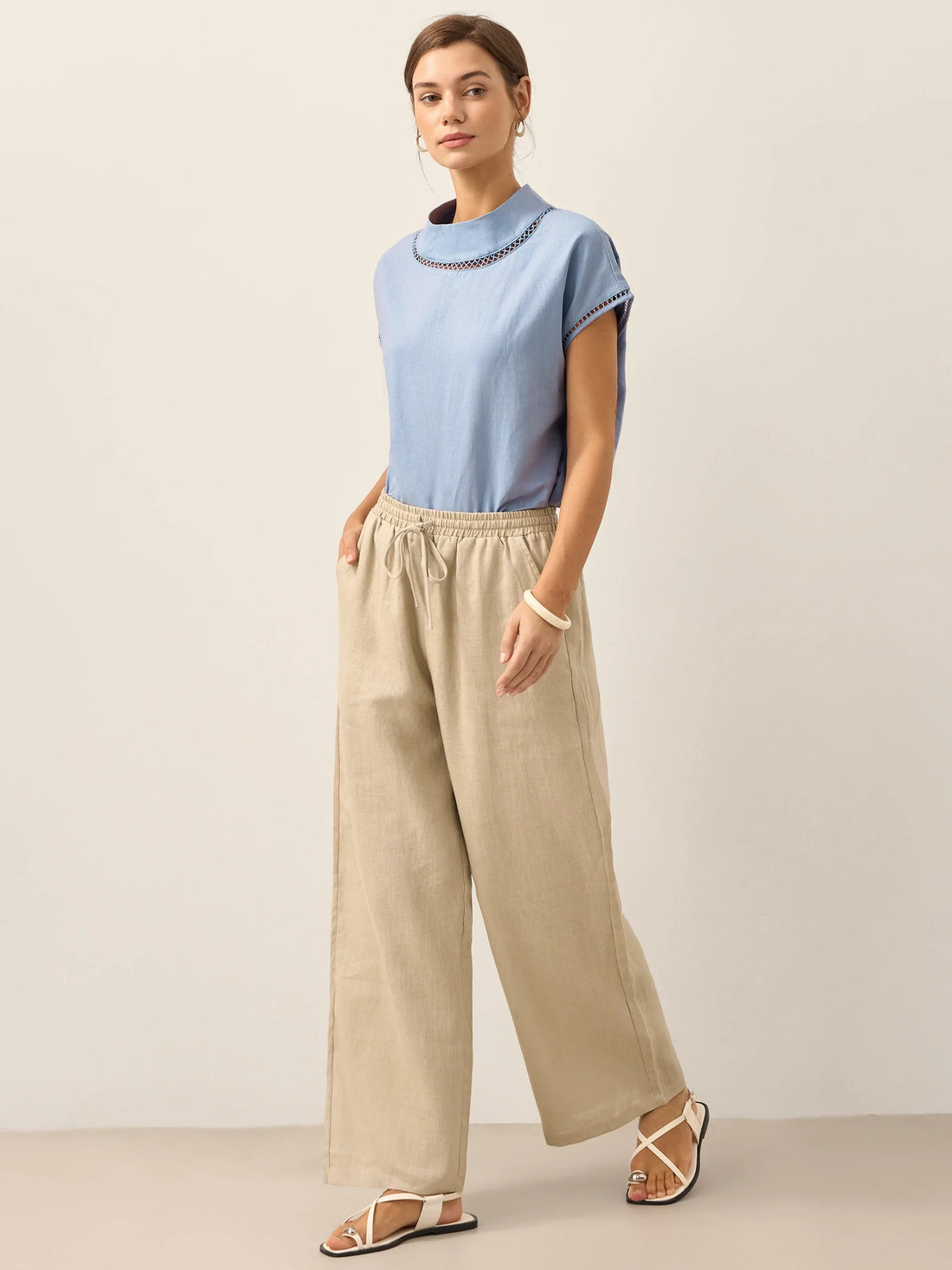100% Linen Full-Elastic Waist Straight-Leg Pants