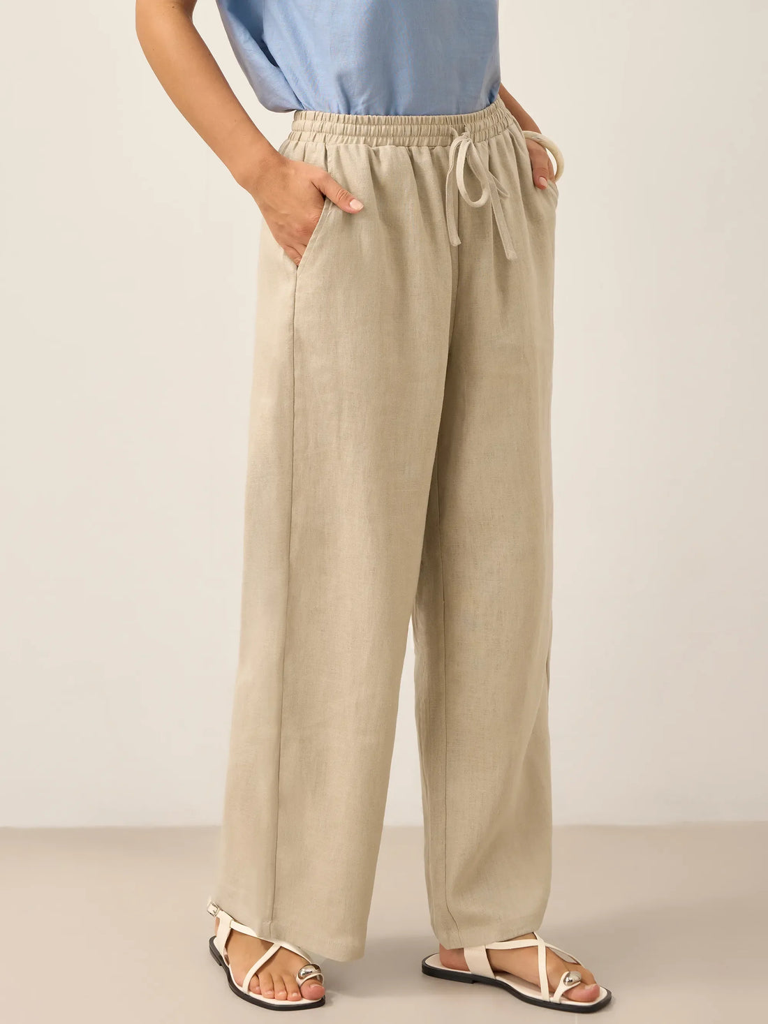 100% Linen Full-Elastic Waist Straight-Leg Pants