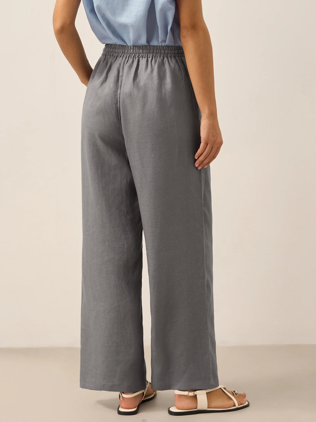 100% Linen Full-Elastic Waist Straight-Leg Pants