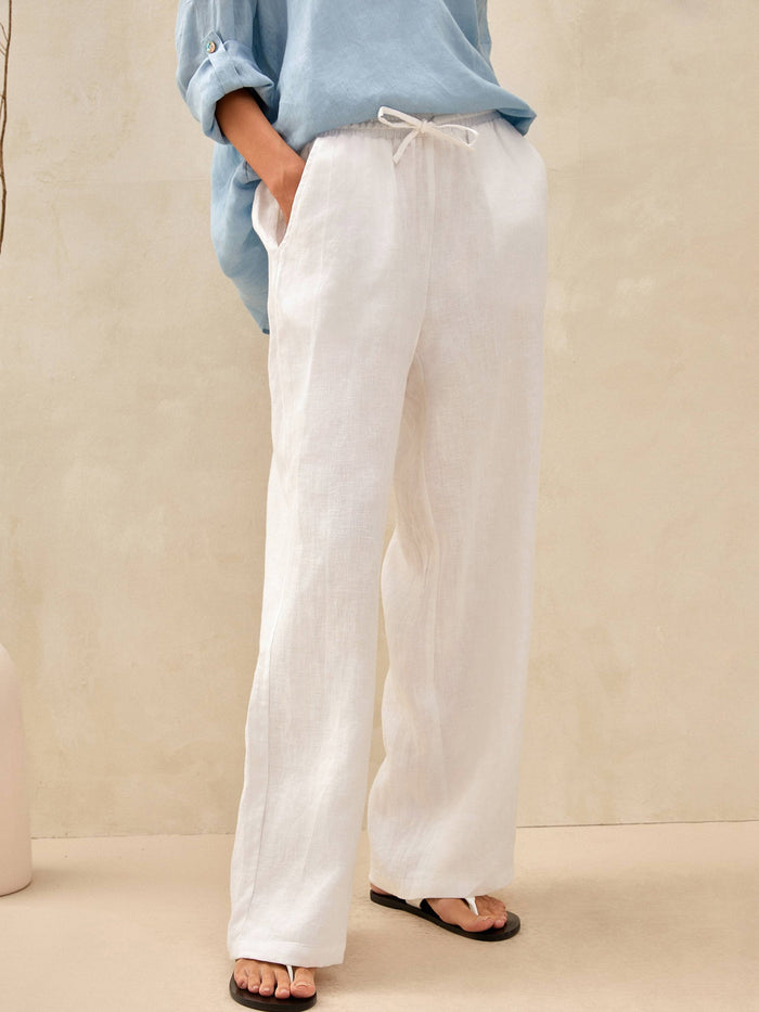 100% Linen Full-Elastic Waist Straight-Leg Pants