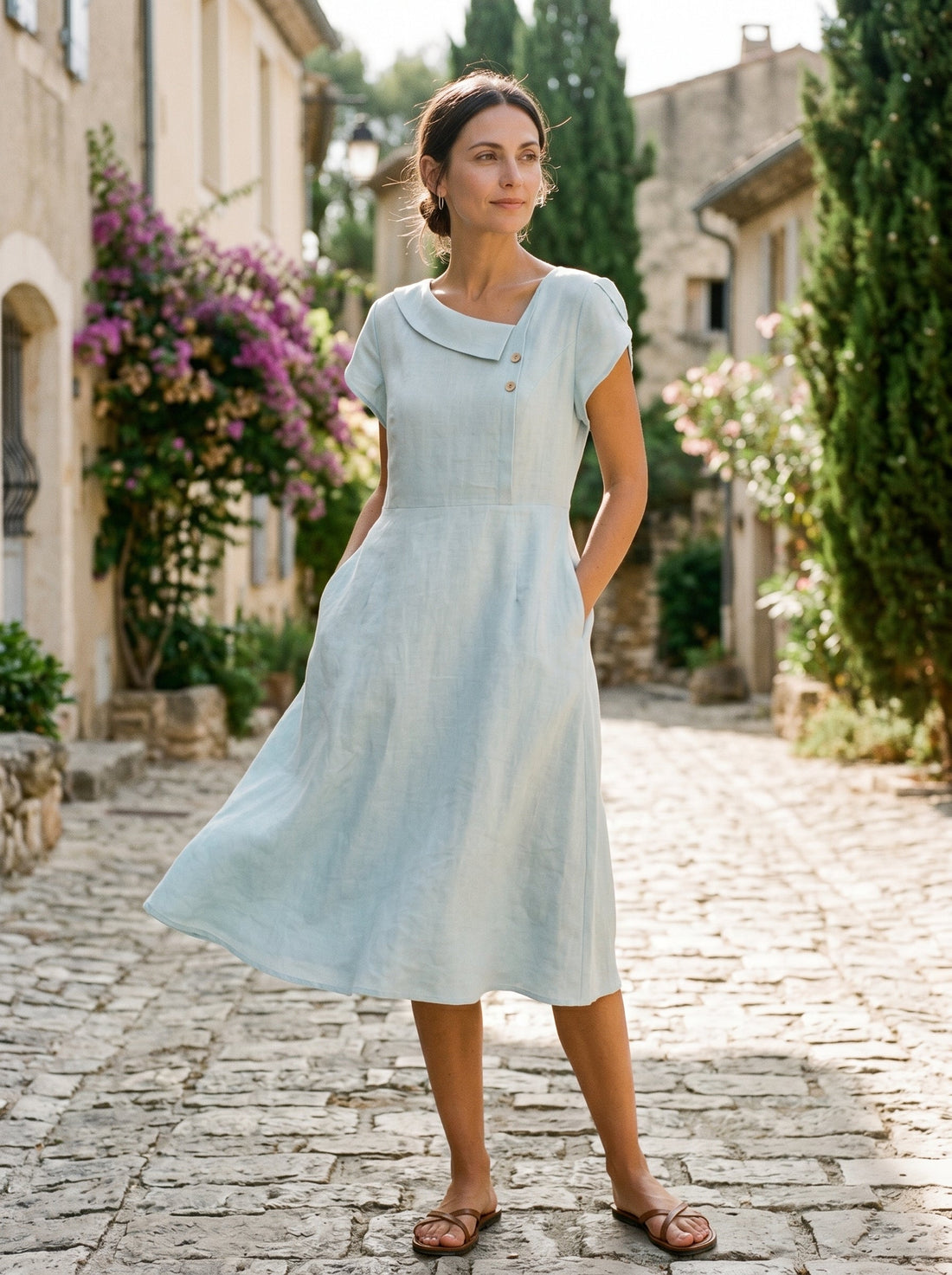 100% Linen Tailored Cap Sleeve Midi Dress