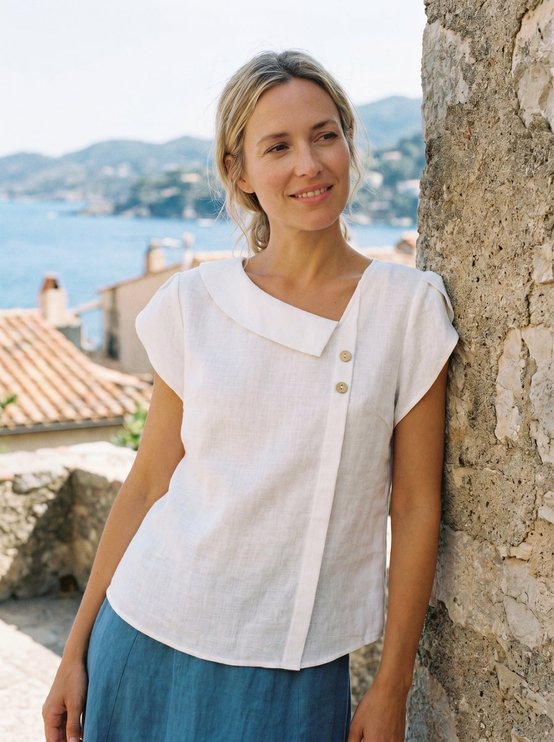 100% Linen Cap Sleeve Asymmetric Top