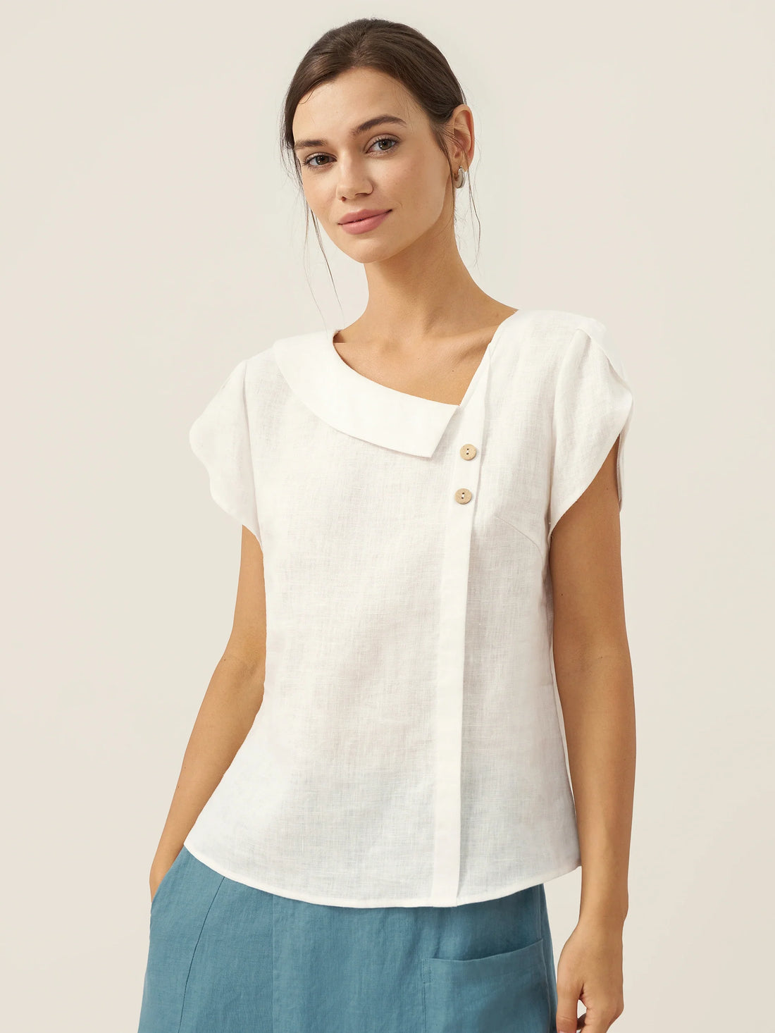 100% Linen Cap Sleeve Asymmetric Top