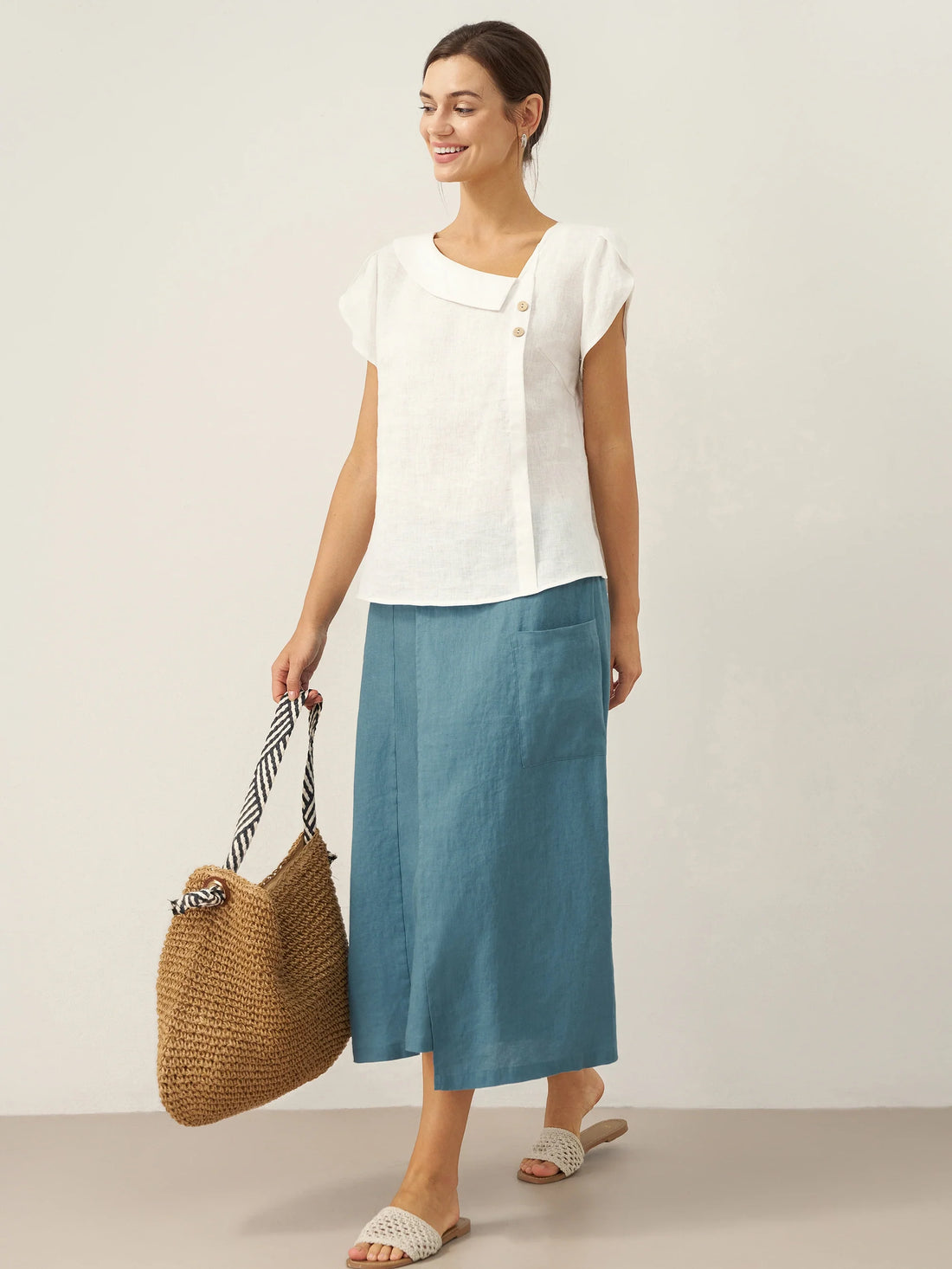 100% Linen Cap Sleeve Asymmetric Top