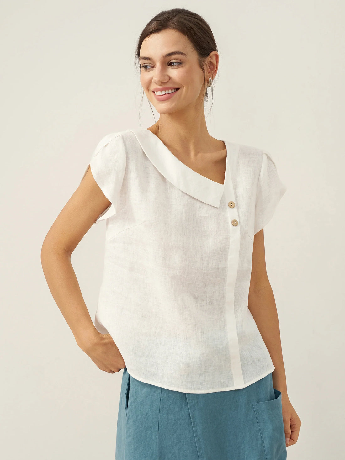 100% Linen Cap Sleeve Asymmetric Top